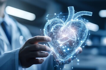A doctor holds a glowing digital heart, representing healthcare, medicine, and technology.