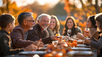 Large family is gathered around a table, enjoying a delicious thanksgiving meal together outdoors on a beautiful autumn day