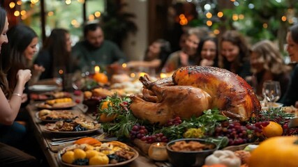 Family gathers around a festive thanksgiving table with a succulent turkey and autumn dishes, creating a warm and inviting atmosphere of togetherness and gratitude