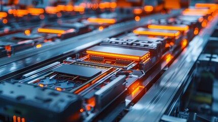 A close-up of a server rack with glowing orange lights, symbolizing speed, power, efficiency, and data processing.