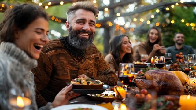 Joyful family enjoying thanksgiving dinner outdoors, savoring traditional autumnal dishes around a festive table. Smiling, cherishing togetherness