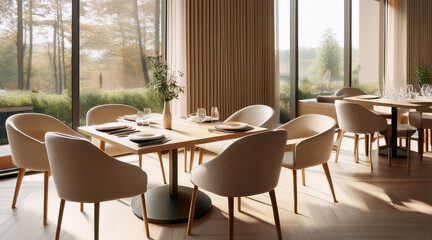 Elegant restaurant setting with a minimalist table, natural light pouring through large windows