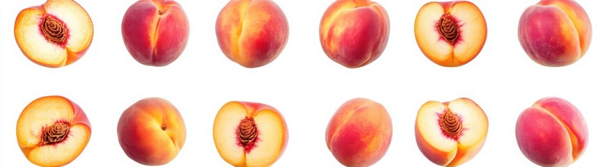 Peaches, cut in half and whole peaches isolated on white background with clipping path. 