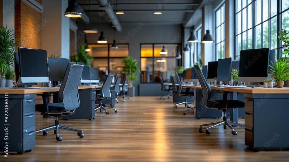 Poster a large open office space with many desks and chairs