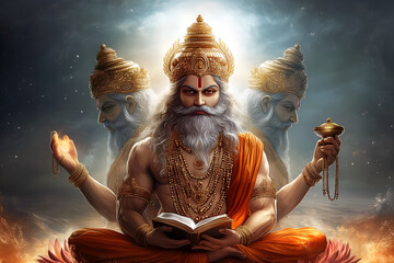 Lord Brahma, Hindu god of creation, with three faces, exuding an aura of wisdom and spirituality.