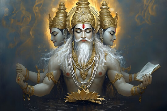 Lord Brahma, Hindu god of creation, with three faces, exuding an aura of wisdom and spirituality.