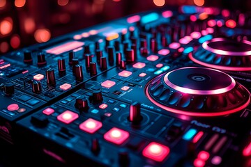 DJ console illuminated at a vibrant night club with an energetic crowd dancing in the background, copy space for text, dj banner advertising