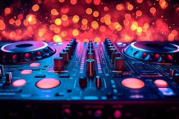 DJ console illuminated at a vibrant night club with an energetic crowd dancing in the background,...