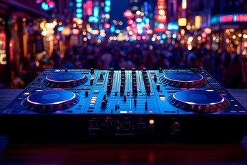 DJ equipment illuminated by vibrant lights in a lively nightclub atmosphere, copy space for text,...