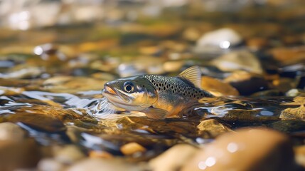 Fototapeta premium A close-up of a fish in a freshwater stream, with the natural flow of water and pebbles visible beneath.