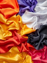 A collection of vibrant fabrics arranged in a swirling, abstract pattern, representing creativity, diversity, and the beauty of textures.