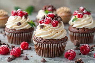 A row of cupcakes with whipped cream and raspberries on top