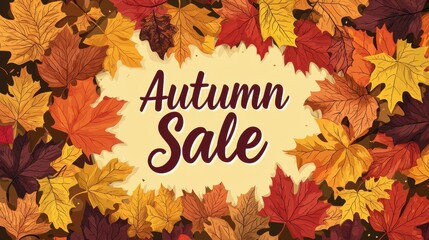 Flat design illustration for an Autumn Sale featuring colorful leaves and bold typography on a red background. E-commerce Shop Marketing Concept