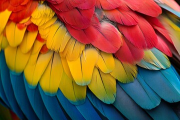 Obraz premium A close-up of a vibrant parrot's feathers, showcasing a spectrum of bright colors. 