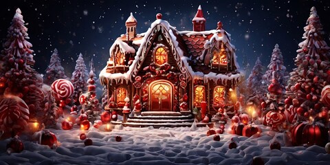 A house with a candy cane on the roof and a candy cane on the front door