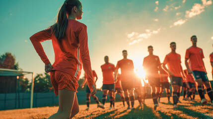 Female coach leading the workout of male soccer player team stretching and warming up before the game - Sport concept - Soft focus on the back of the woman - Models by AI generative