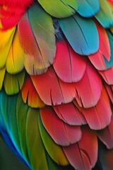 Obraz premium A close-up of a vibrant parrot's feathers, showcasing a spectrum of bright colors. 
