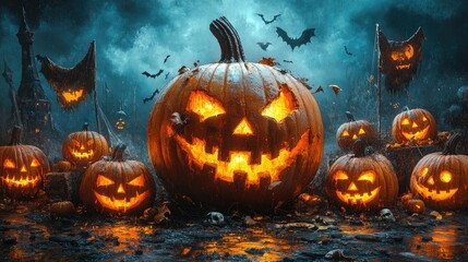 Fototapeta premium Eerie Halloween Pirate Flag with Pumpkins in Flat Design