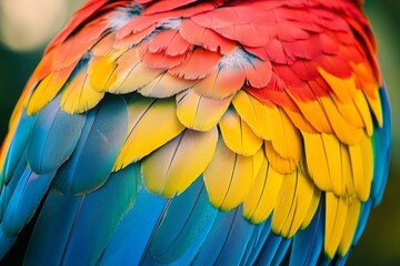 Fototapeta premium A close-up of a vibrant parrot's feathers, showcasing a spectrum of bright colors. 