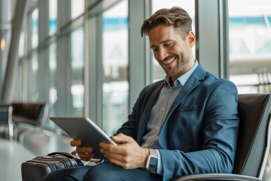 Tablet, airport, or businessman check finance portfolio, stock market database, or investment feedback. Economics, forex account managers, and traders thrilled with NFT, bitcoin, or crypto profits