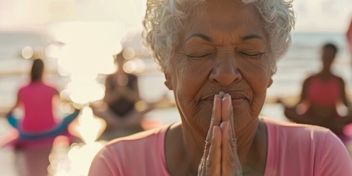 Beach yoga, face or senior lady exercising, wellness breathing, and nature mindfulness lesson. Freedom, relax, or elderly position, morning fitness, instructor led pilates