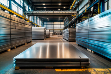 An industrial warehouse with piles of steel metal in stock. Metal manufacturing industry.