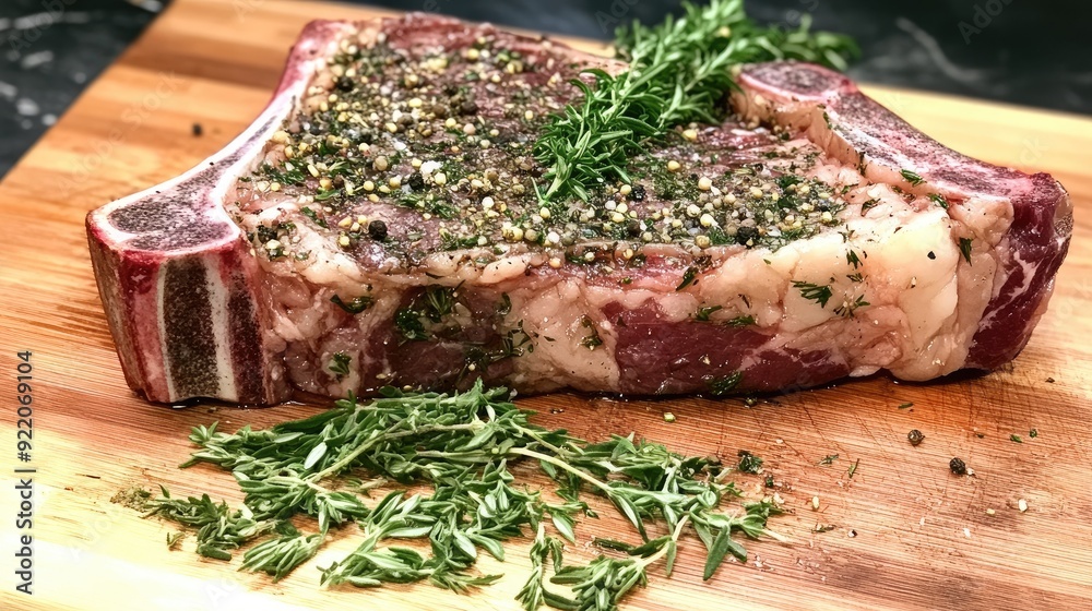 Wall mural A raw T-bone steak with rich marbling, presented on a cutting board with fresh herbs and seasoning, ready for grilling.