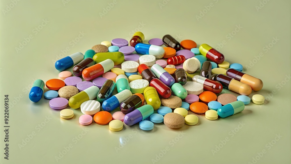 Poster a pile of colorful pills on a table