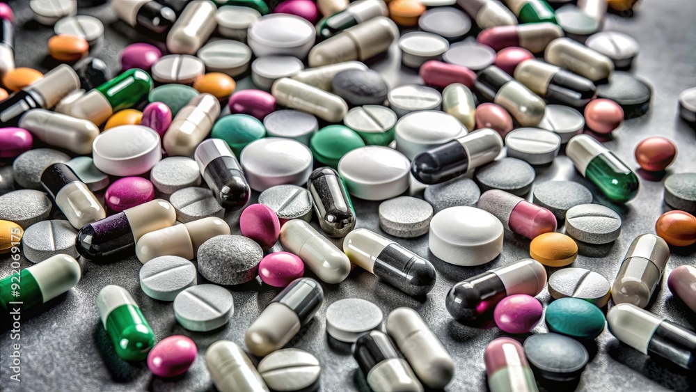 Aufkleber a bunch of pills of different colors and shapes are scattered on a table