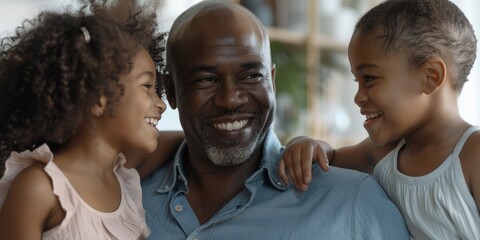 Black family home, father with girls, hug, talk, love, weekend break. Dad and kids in a sofa, bonding over vacation, hugging or talking