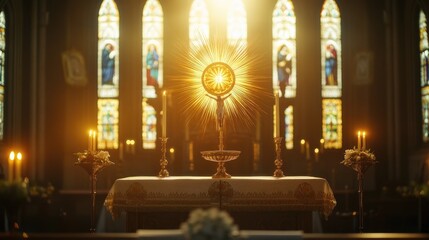 Obraz premium A sacred altar in a church, with a brilliant monstrance, flickering candles, and a chalice, under the soft glow of stained glass windows.