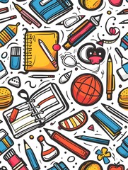 Back to school doodle seamless pattern. Hand drawn background with school supplies and creative elements. Vector illustration
