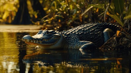 Fototapeta premium A saltwater crocodile lurking near the water's edge in the Australian wetlands, with dense vegetation in the background.