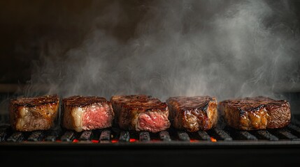 A sequence of steaks on a grill, showing different doneness levels from rare to well-done, with a smoky background.