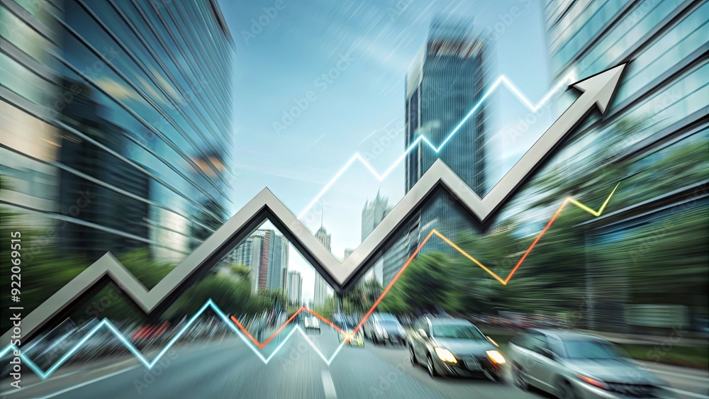 Poster a graph of a city skyline with a line going up and a car driving by