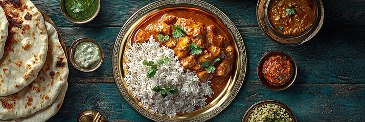 top-down view of a vibrant Indian feast, featuring butter chicken, basmati rice, naan bread, and a variety of colorful chutneys, all presented on a traditional Indian brass plate with fresh coriander