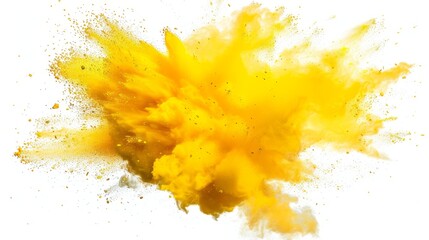 A dynamic image of a yellow powder explosion captured against a clean white backdrop. The vibrant color and dynamic movement create a sense of energy, excitement, and celebration.