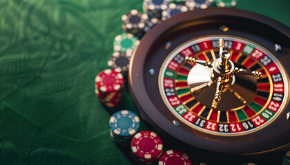 Naklejka premium multicolored casino roulette table with poker chips on green table background