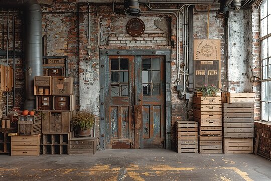 A room with a lot of old wooden crates and a clock on the wall