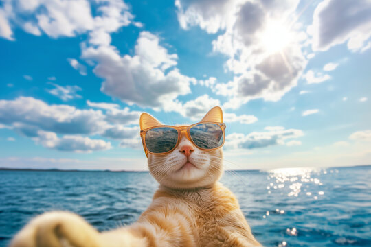 Chat Heureux en Selfie Estival au Bord de la Mer