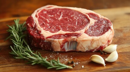 Raw ribeye beef steak with deep marbling, presented on a cutting board with garlic and rosemary sprigs.