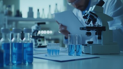 Fototapeta premium Scientist analyzing samples in a laboratory with microscopes and blue liquids during the day