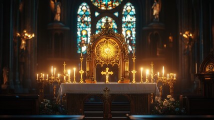 Fototapeta premium The altar of a church, bathed in warm light, featuring a golden monstrance, glowing candles, and a chalice, with intricate stained glass in the background.