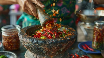 A hand grinds chili peppers and spices in a mortar and pestle, creating a vibrant red paste. This image symbolizes fresh ingredients, traditional cooking methods