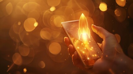 A hand holding a smartphone with a flame icon on the screen, representing the power of technology and the growth potential of digital ideas.  The flame symbolizes passion, creativity