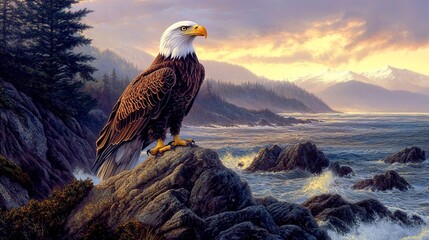 Majestic Bald Eagle Perched on a Rocky Outcrop by the Sea.