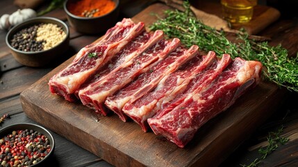 Uncooked beef ribs with rich marbling, arranged on a wooden board with herbs and spices, highlighting their premium quality.