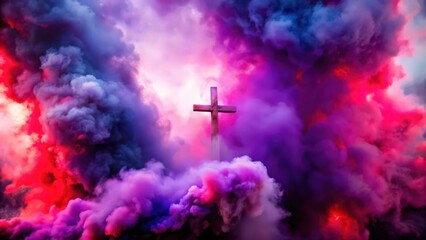 Wooden Cross Emerging from Vibrant Pink and Blue Smoke