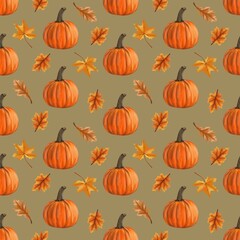 Autumn decorative seamless  with pumpkin and leaves. Colorful collection of objects for Halloween, Thanksgiving, harvest and autumn season.