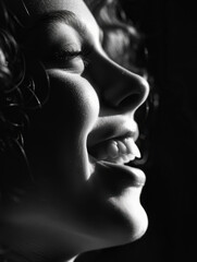 Close-up Portrait of a Joyful Woman in Monochrome